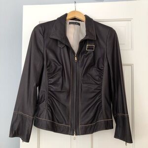 Lafayette 148 New York Espresso Brown Leather Moto Jacket M (8-10) Like New